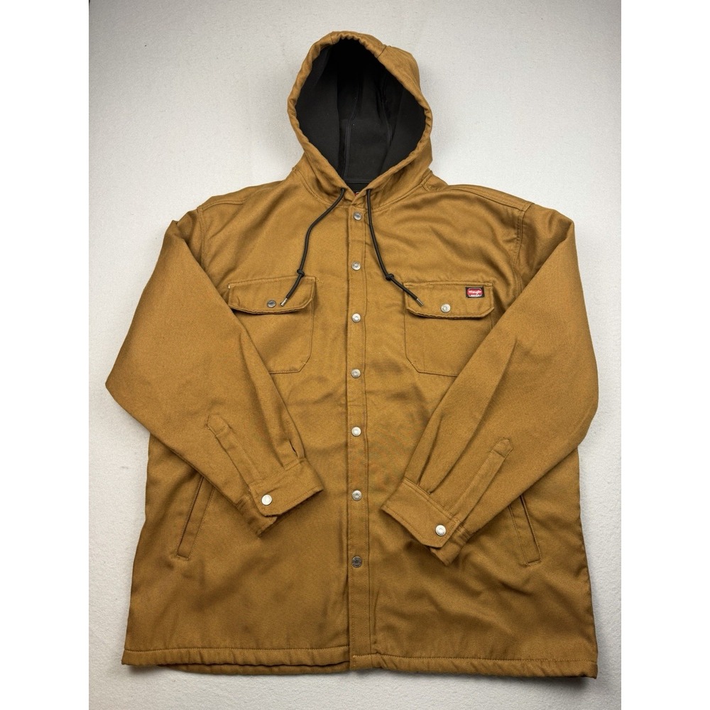 Wrangler Workwear Shirt Jacket Mens 2XL Brown Hooded Fleece Lined Canvas